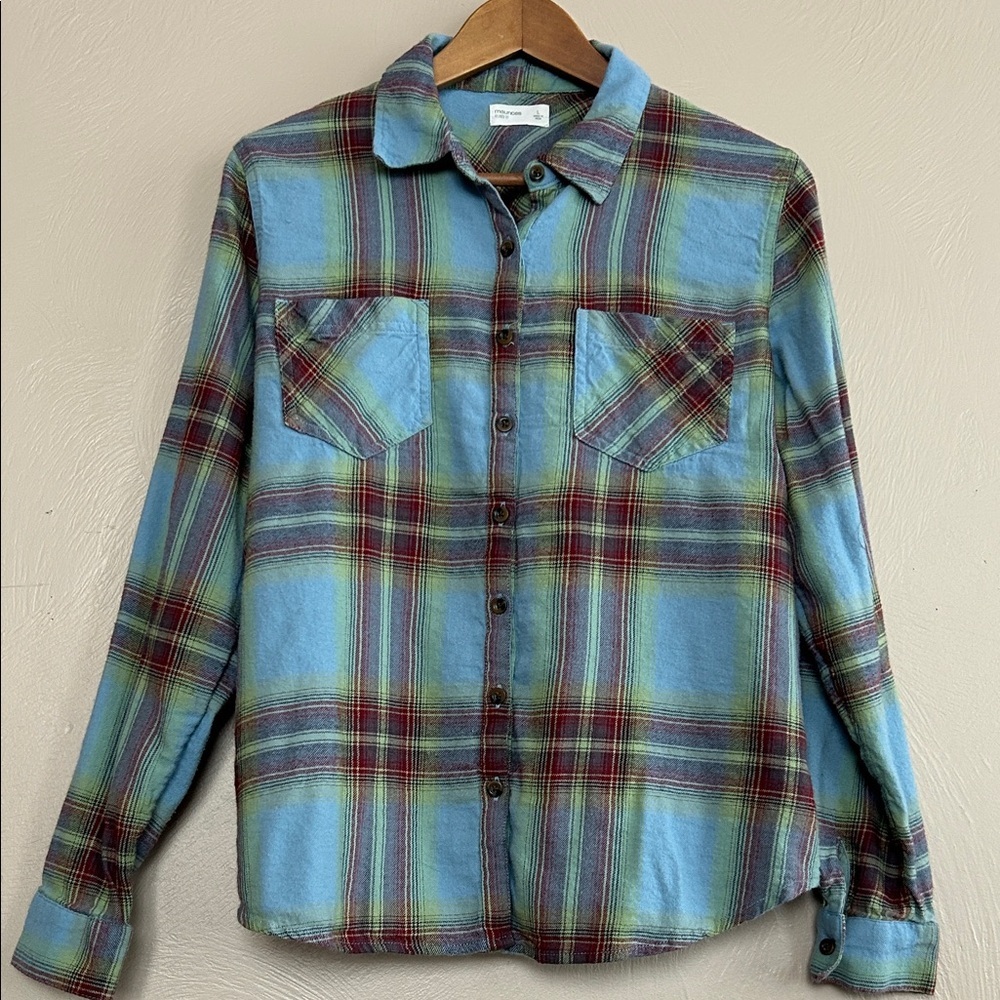 Tartan Casual Layering Men’s Button-Up Flannel Shirt Teal and Burgundy Sz. Large